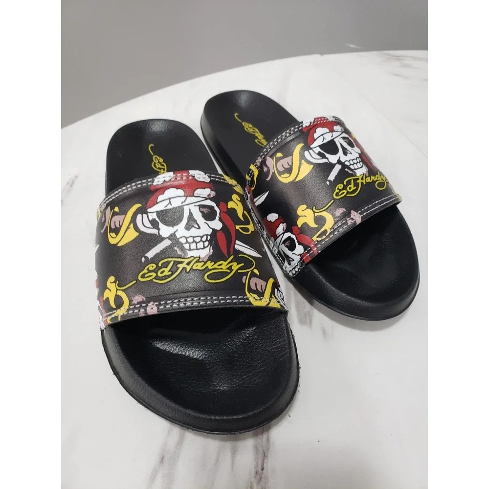 NEW SIZE 12 Ed Hardy Youth Kids Slides flip-Flops Black Pirate Slip On‎ sandals